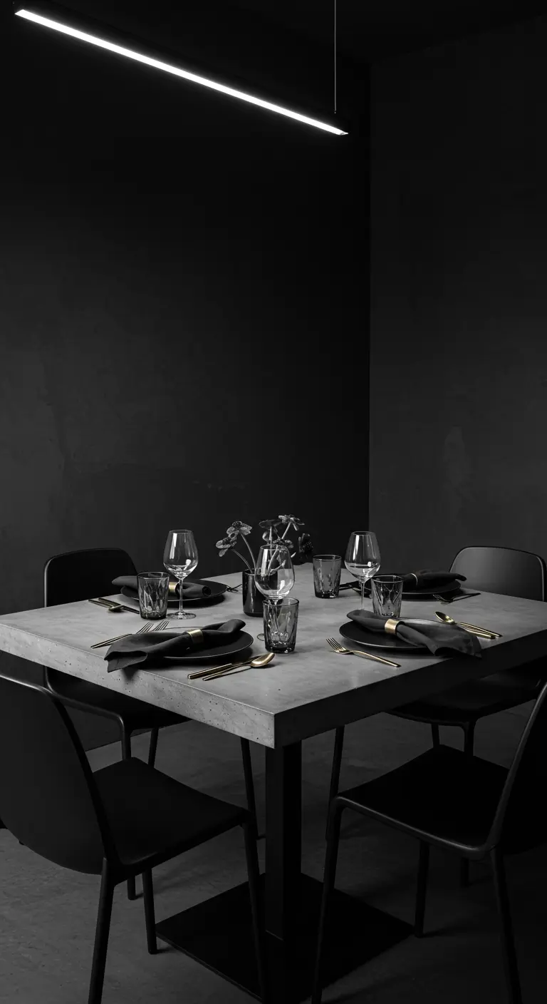 Table de dîner carrée en béton avec vaisselle, verres et chaises noirs.
