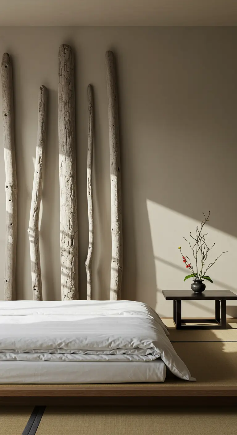 Cinq longues branches de bois flotté clair posées verticalement contre un mur beige derrière un lit bas.