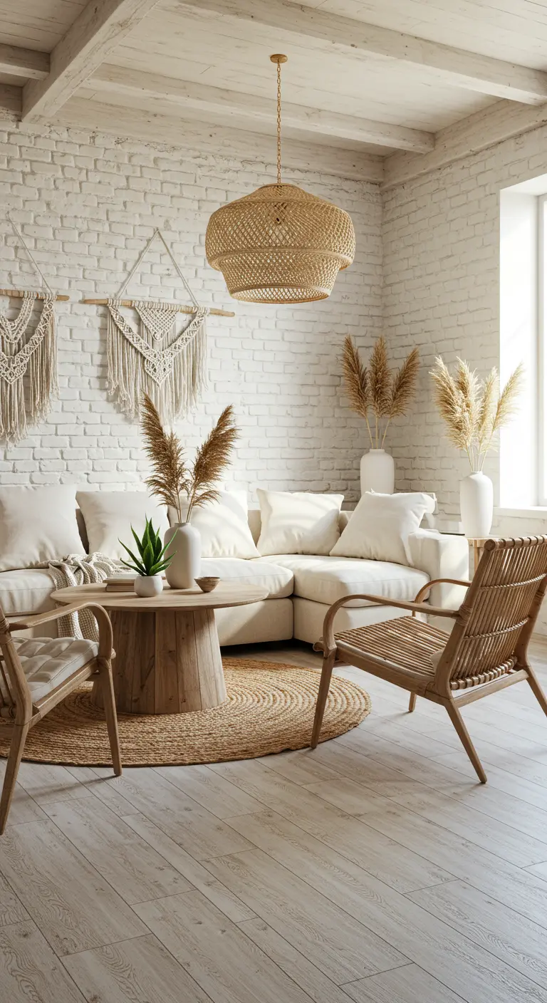 Salon blanc et bois de style bohème avec un canapé d'angle, des fauteuils en rotin, un tapis en jute et des décorations murales en macramé.