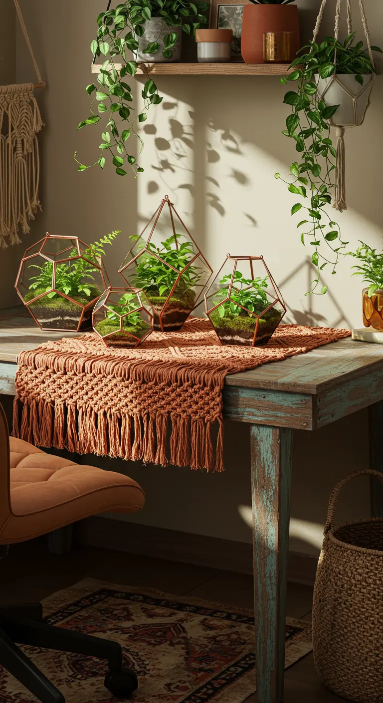 Terrariums géométriques cuivrés sur une table en bois avec chemin de table macramé et plantes suspendues.