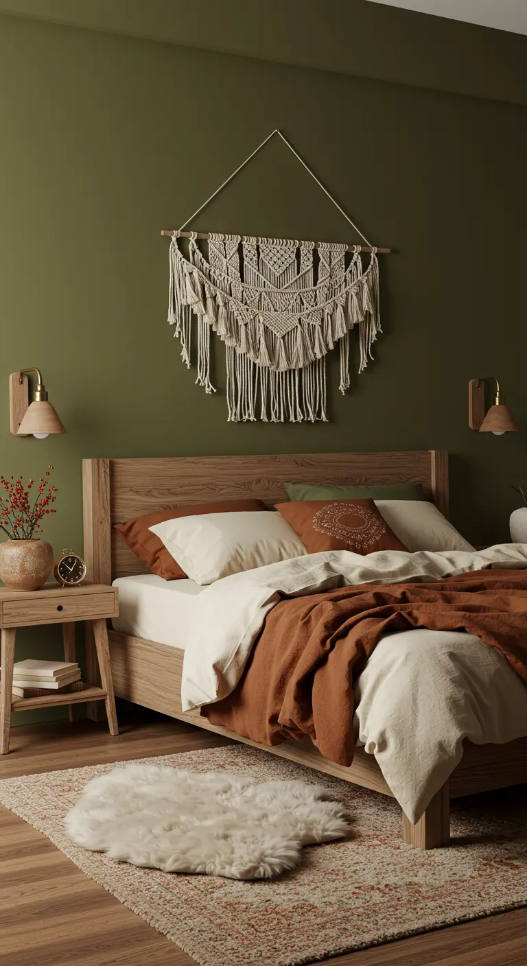 Chambre bohème aux murs verts avec macramé, lit en bois et plaid en fausse peau de mouton.