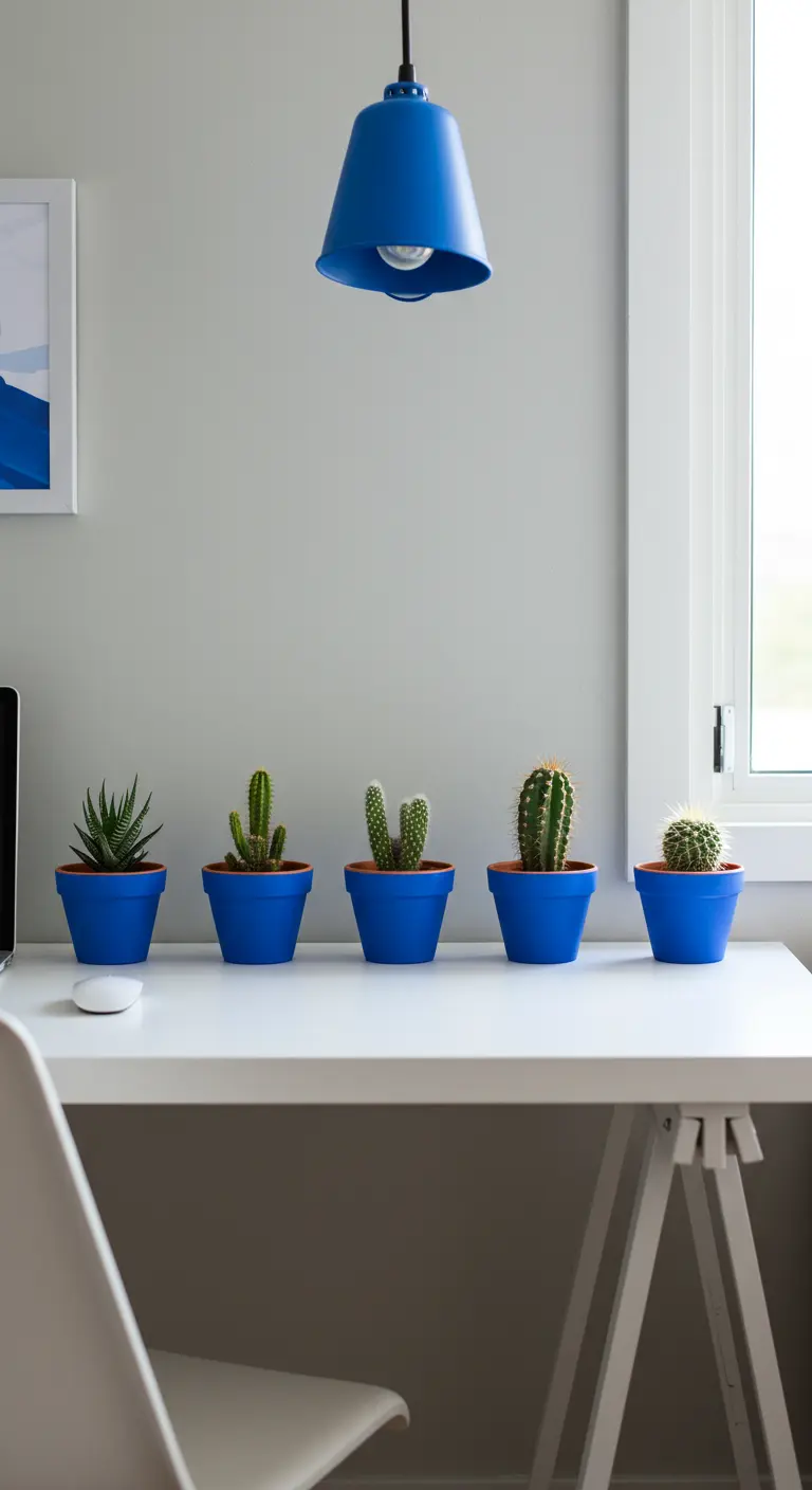 Rangée de petits cactus dans des pots bleus sur un bureau blanc avec une suspension bleue.