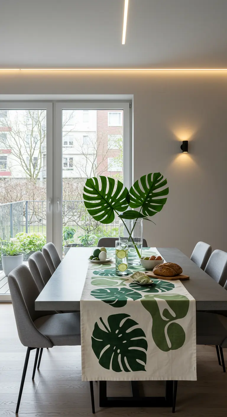 Chemin de table à motifs feuilles de Monstera vertes sur une table moderne en béton gris.