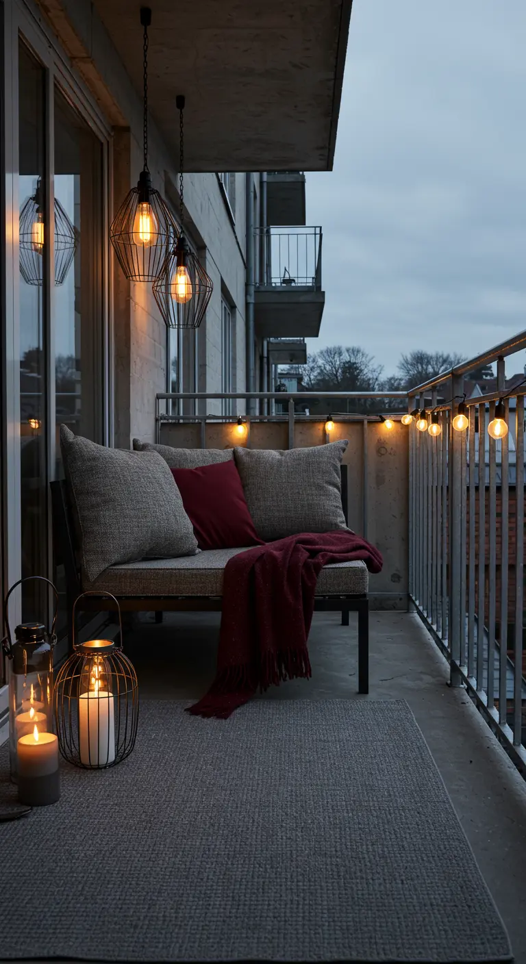 Balcon moderne avec canapé gris, plaid rouge, suspensions industrielles, lanternes et guirlande lumineuse.