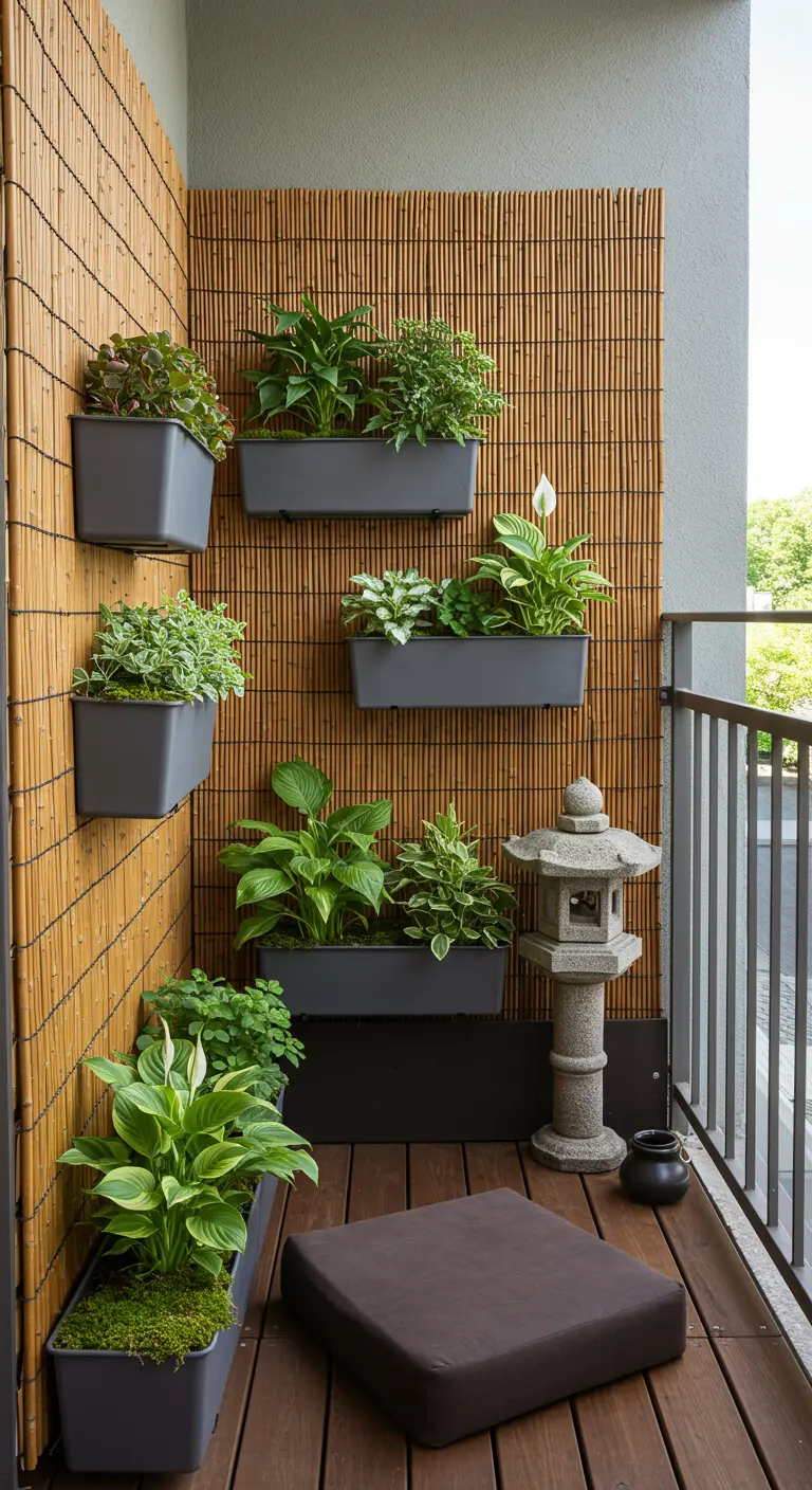 Mur en bambou avec jardinières grises, plantes vertes, lanterne en pierre, coussin de méditation.
