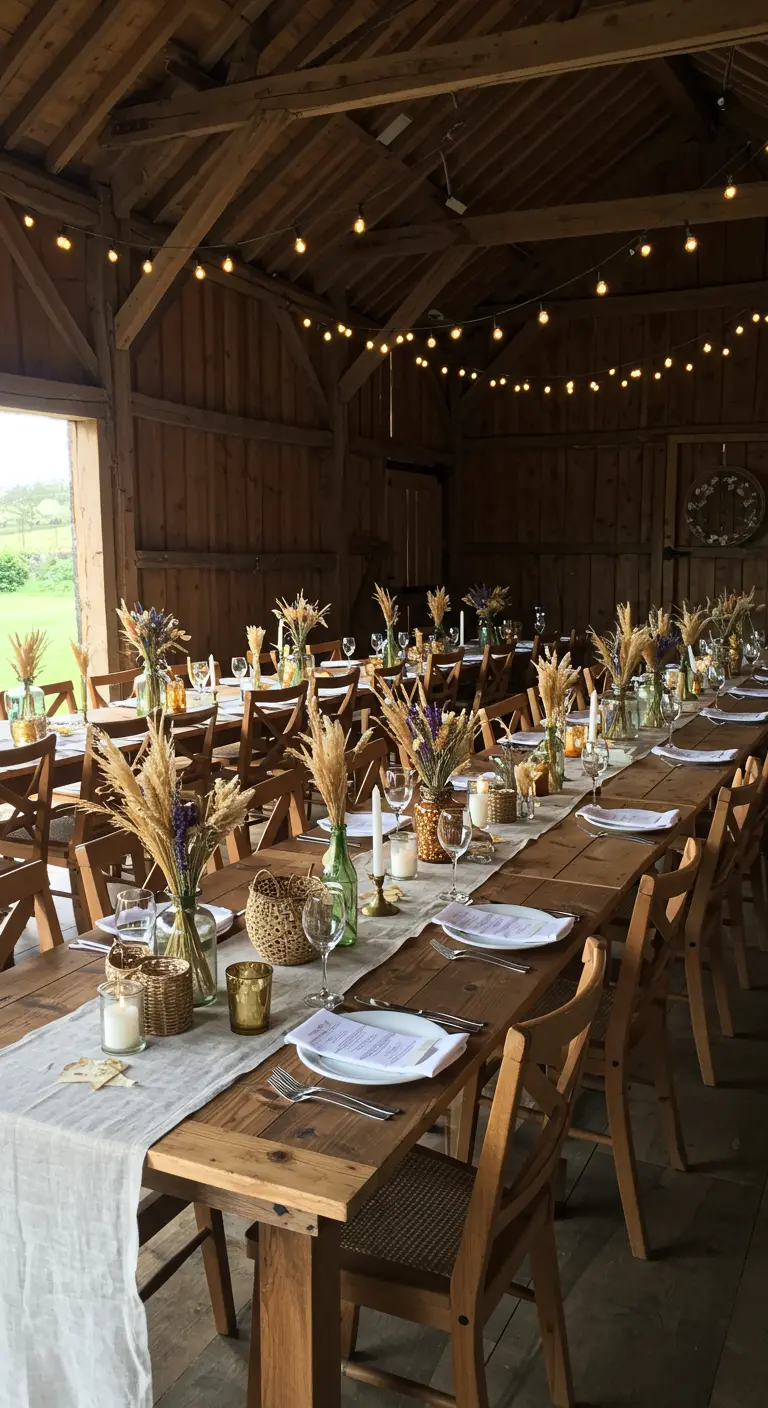 Décoration de table bohème avec vases dorés, chandeliers, chemin de table en lin et pampas.
