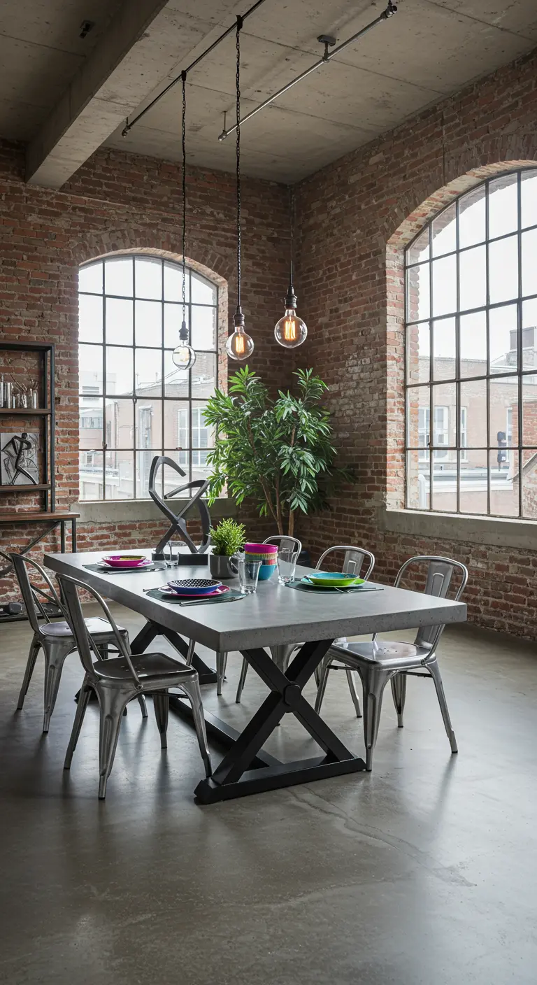 Salle à manger industrielle avec mur en briques, table en béton et vaisselle aux couleurs vives.