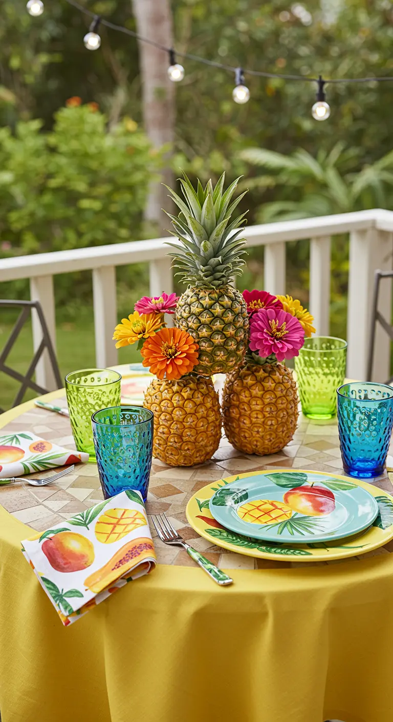 Table ronde jaune avec une tour d'ananas et de fleurs, assiettes à motifs ananas, verres texturés colorés.