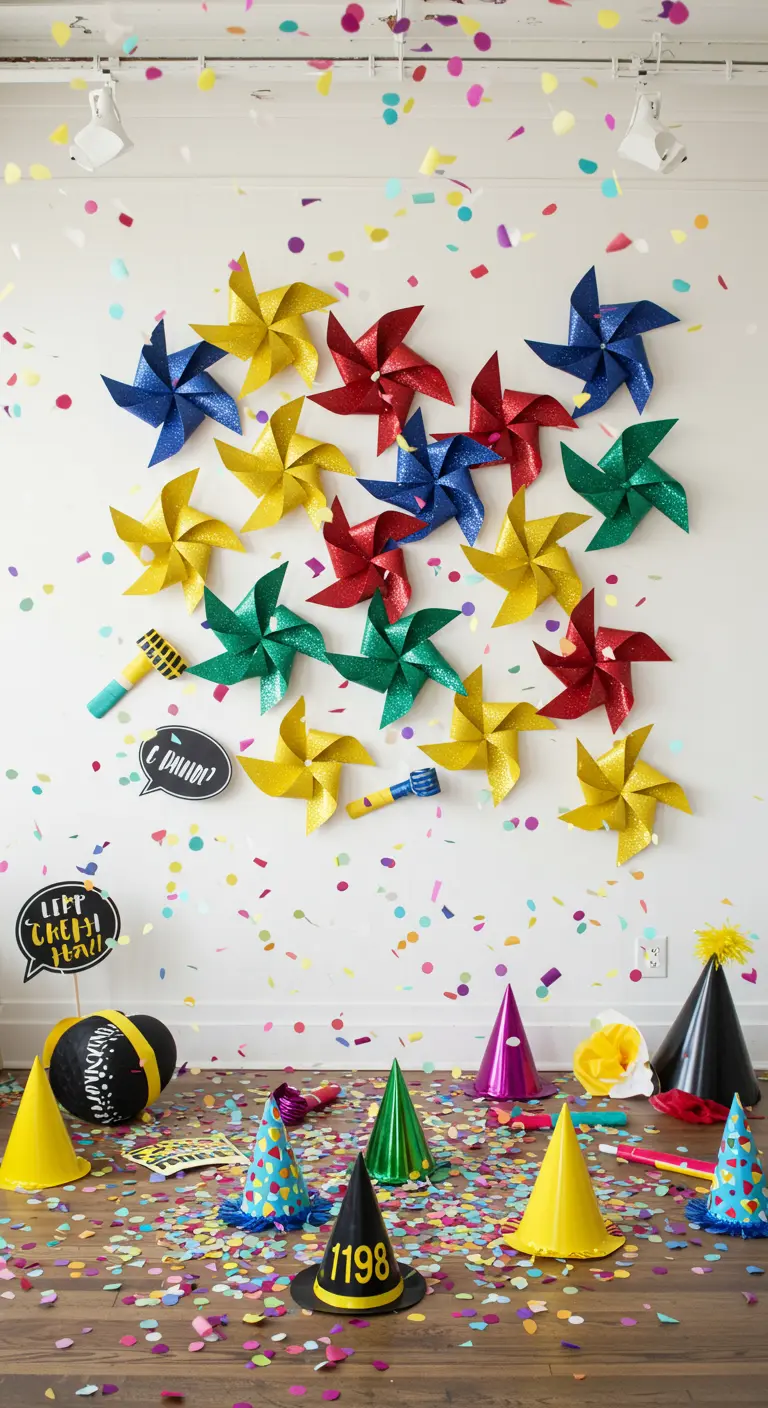 Photobooth coloré avec éoliennes pailletées, confettis multicolores et chapeaux de fête.