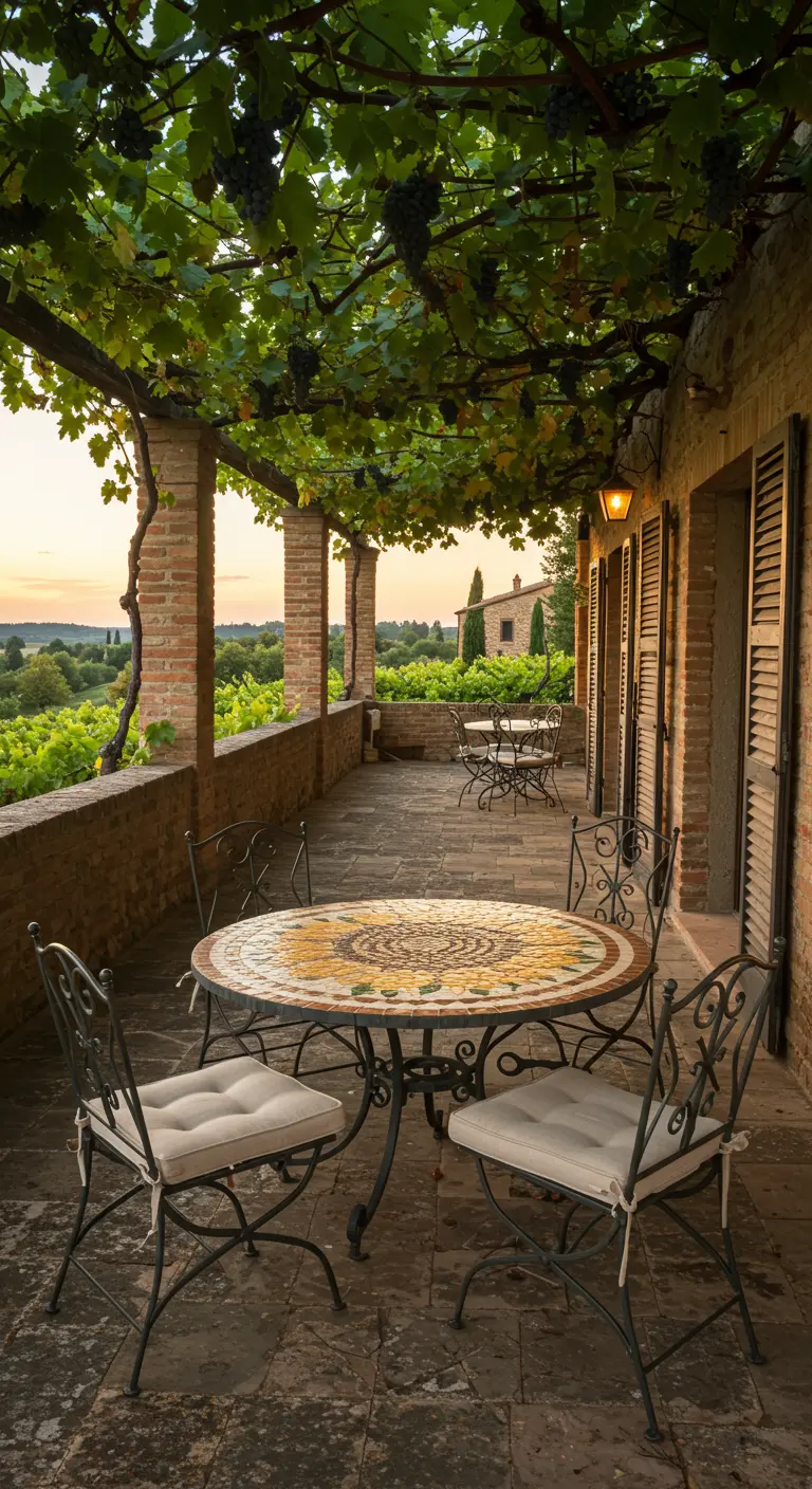 Table ronde en mosaïque de tournesol sur une terrasse en Toscane au coucher du soleil.