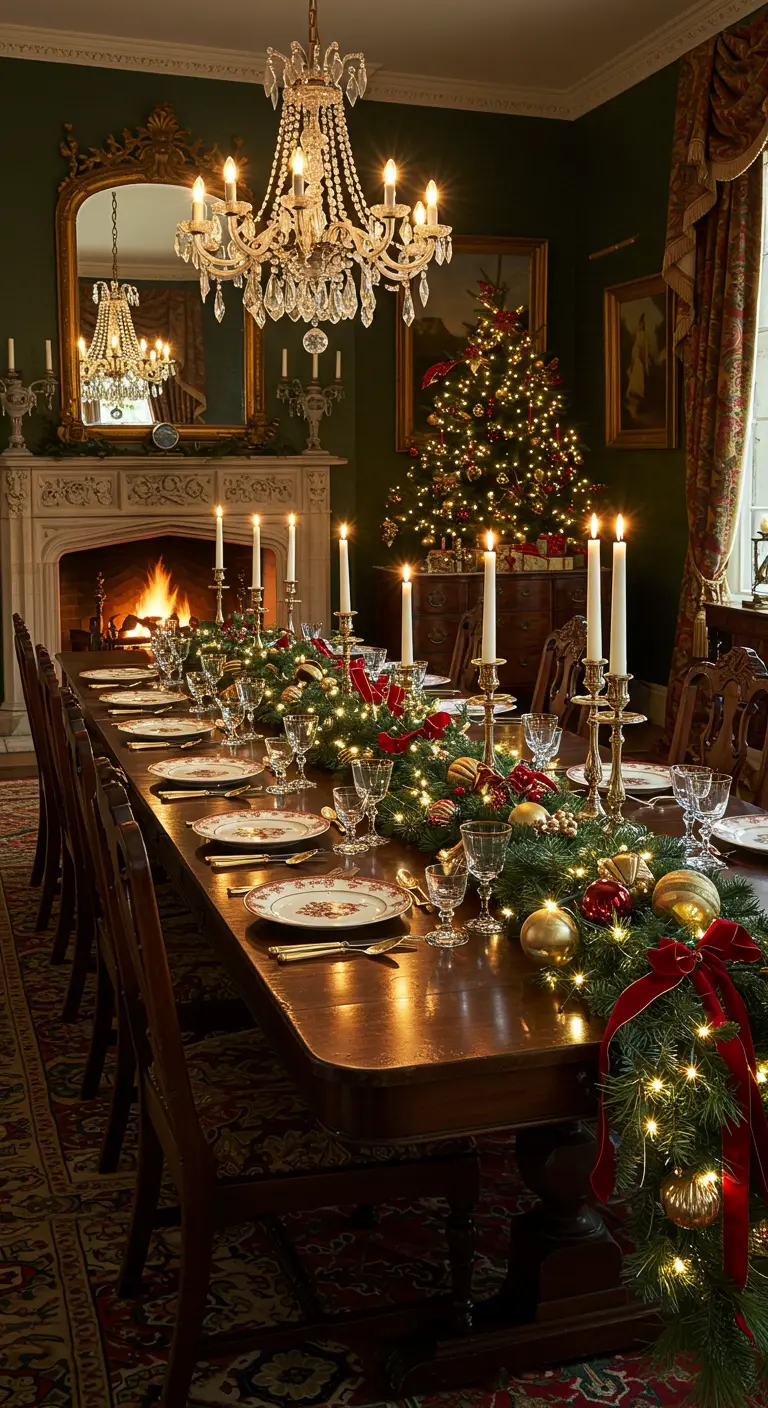 Grande table de Noël avec chemin de table en sapin, boules rouges et dorées, bougies et cheminée.