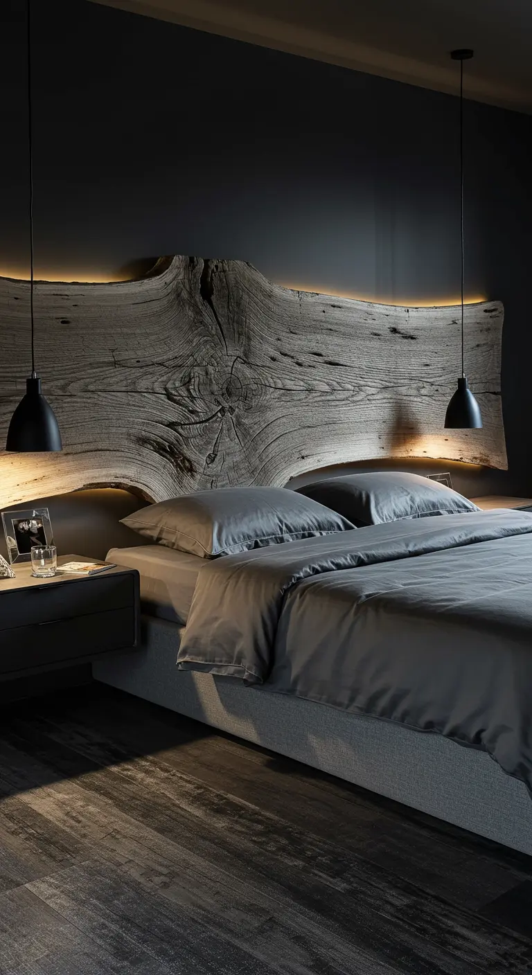Très grande tête de lit en bois brut live edge, avec un rétro-éclairage LED chaleureux.