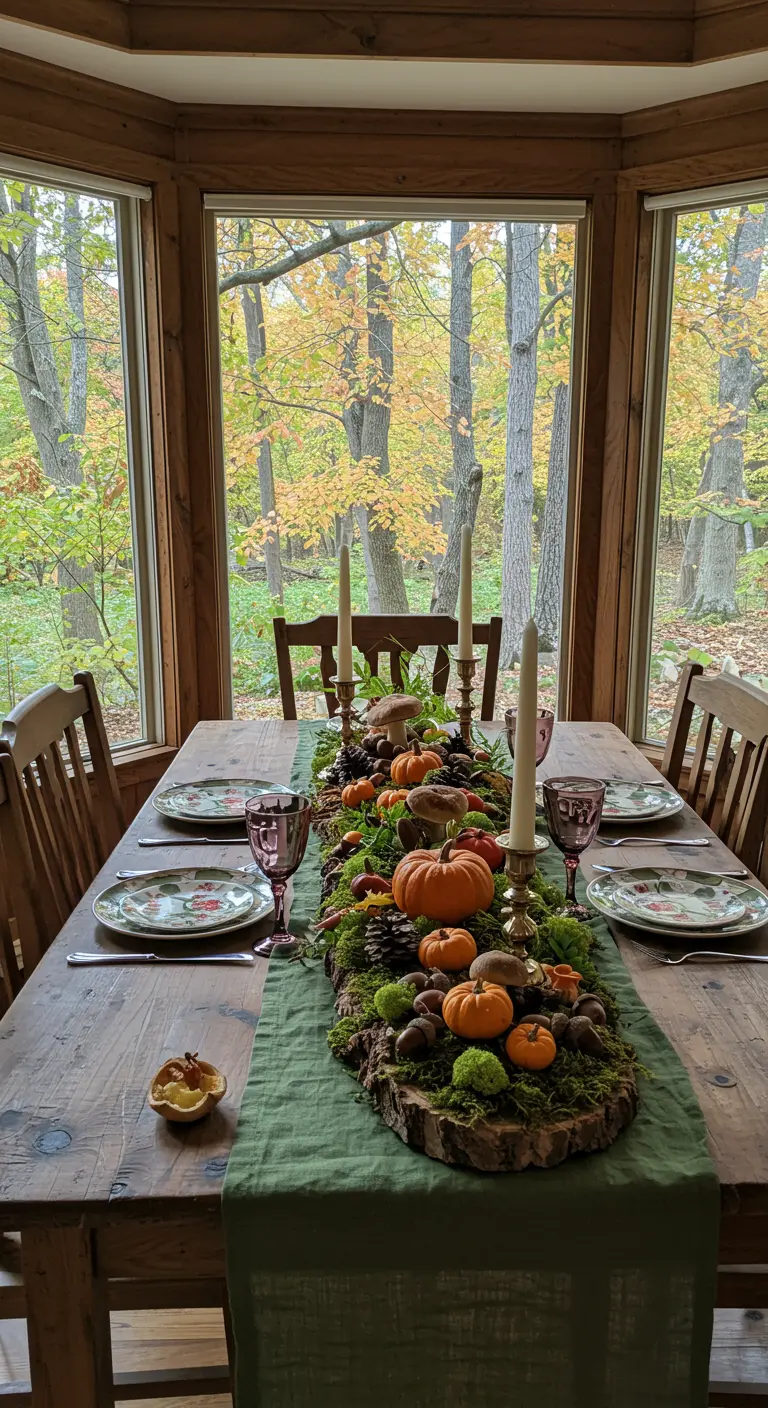 Centre de table forestier sur une tranche de bois avec mousse et citrouilles.