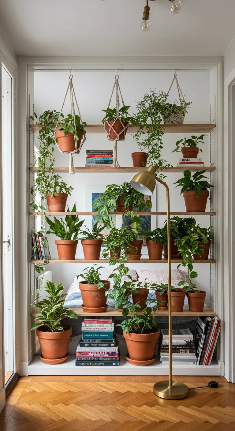 Bibliothèque remplie de livres et de nombreuses plantes en pot de terre cuite, créant un mur végétal.