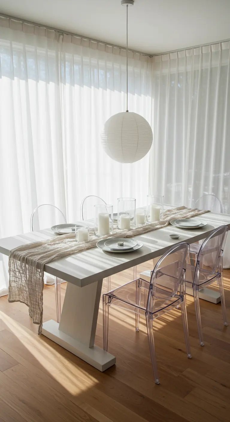 Table Japandi blanche, chaises transparentes, voilages, suspension papier, bougies blanches.
