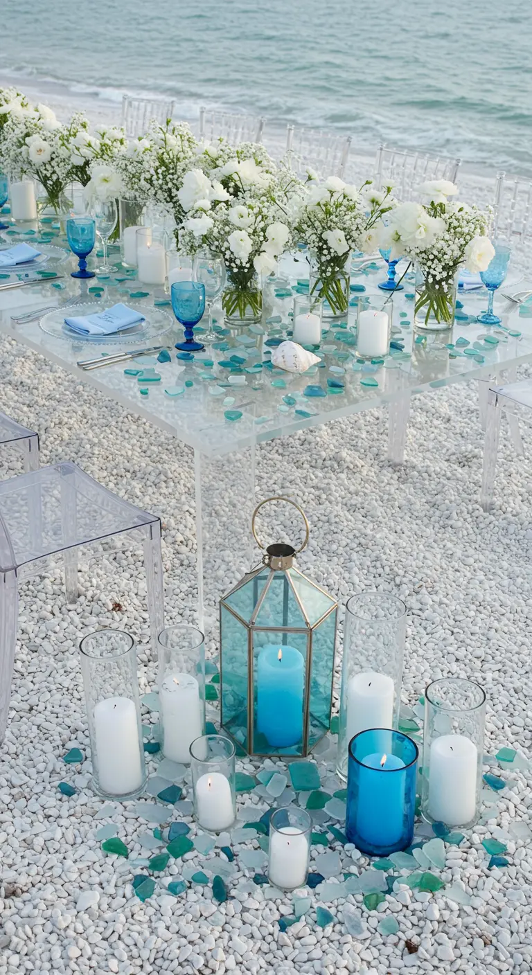 Table en verre sur une plage de galets blancs, décorée de bougies bleues et blanches, et de débris de verre de mer.