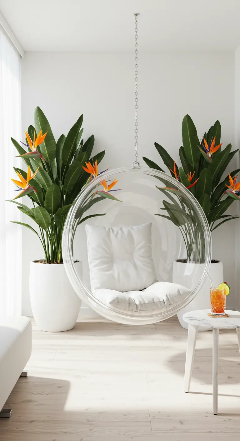 Chaise suspendue bulle transparente à l'intérieur avec de grandes plantes oiseaux de paradis.