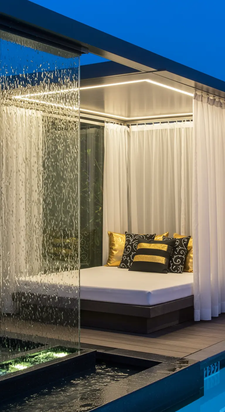 Cabane de piscine moderne avec un mur d'eau en verre et un lit de jour luxueux.