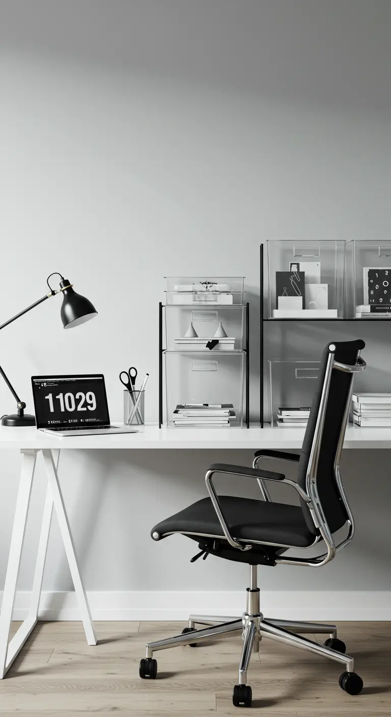 Bureau blanc minimaliste avec des boîtes de rangement transparentes en acrylique et une chaise noire design.