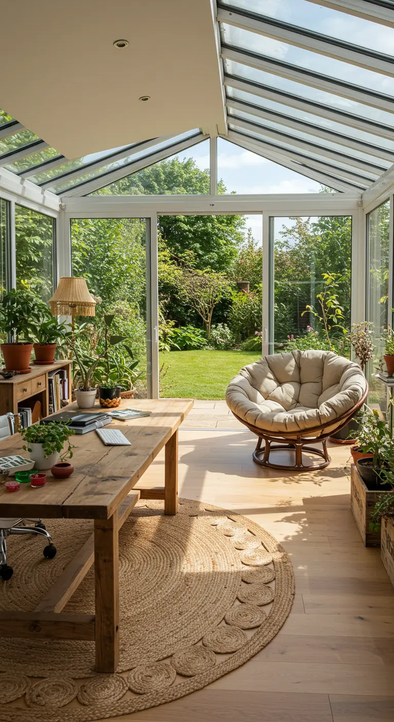 Bureau dans une véranda lumineuse avec un grand tapis en jute et un fauteuil Papasan.