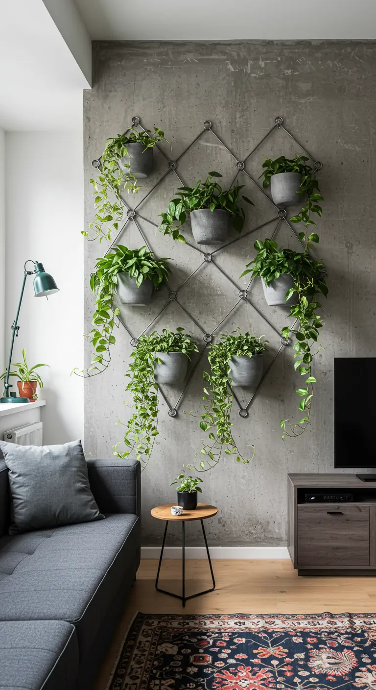 Treillis métallique avec pots gris et plantes retombantes sur un mur en béton dans un salon moderne.