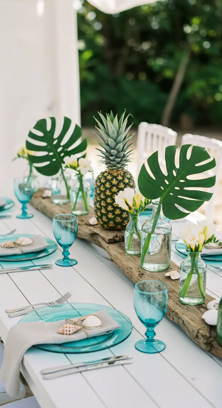 Centre de table avec une grande branche de bois flotté, un ananas et des vases.