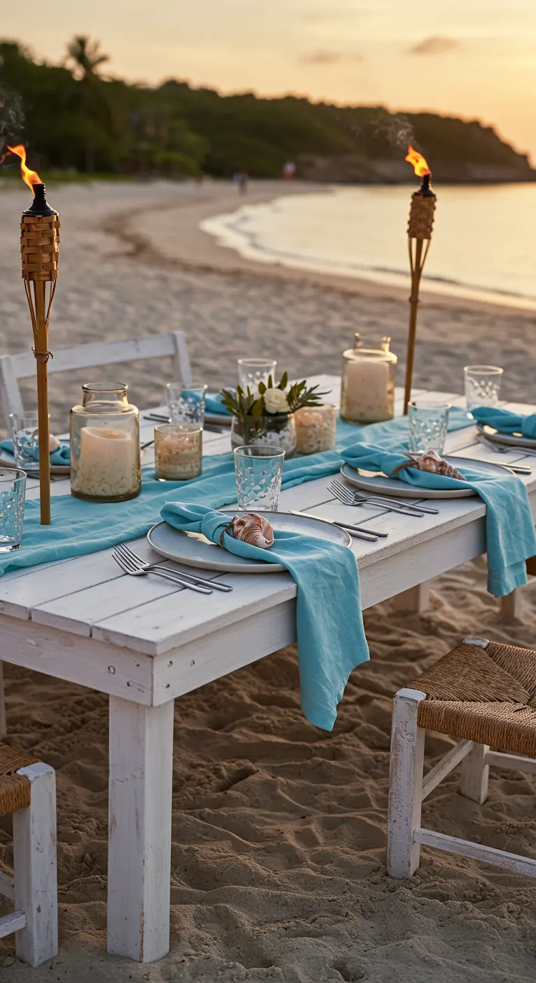 Table sur la plage au coucher du soleil avec serviettes bleues et coquillages.