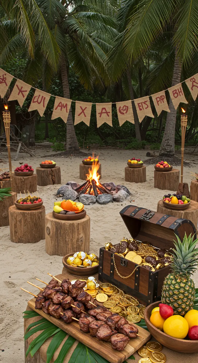 Fête sur le thème des pirates sur la plage avec un coffre au trésor.