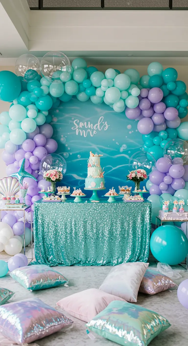 Arche de ballons sirène turquoise et lavande avec une nappe à paillettes.