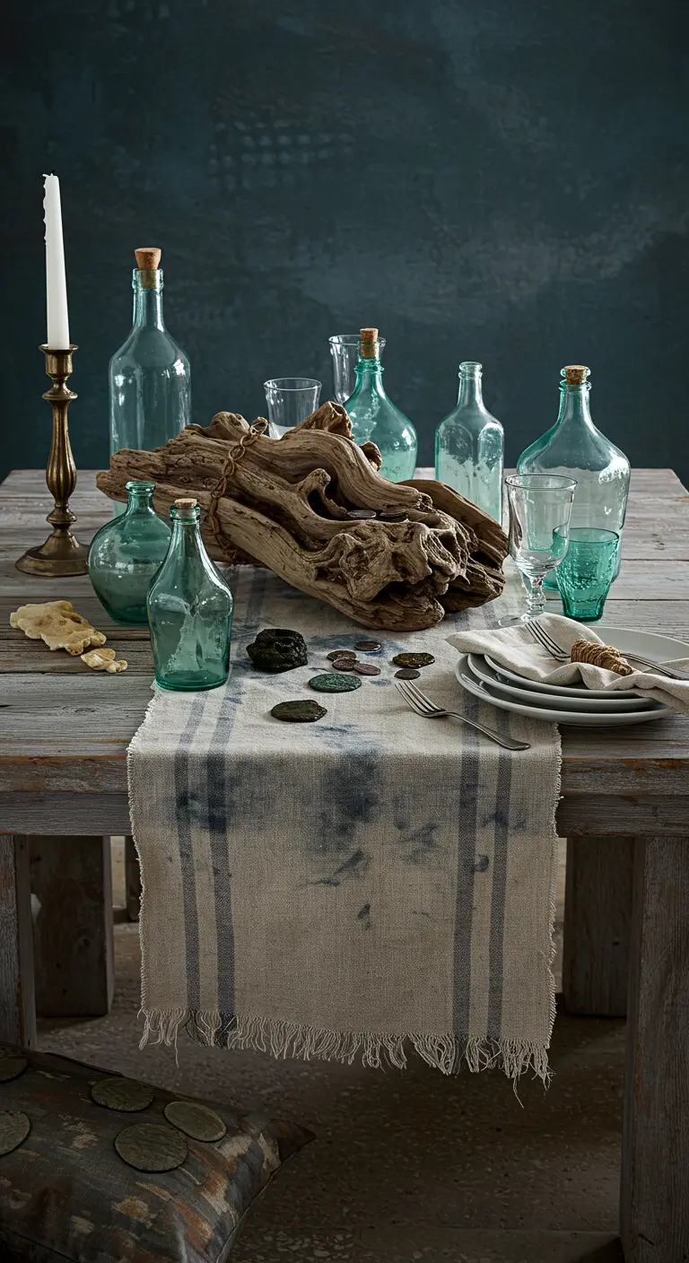 Table rustique avec du bois flotté, de vieilles bouteilles en verre et un chemin de table délavé.