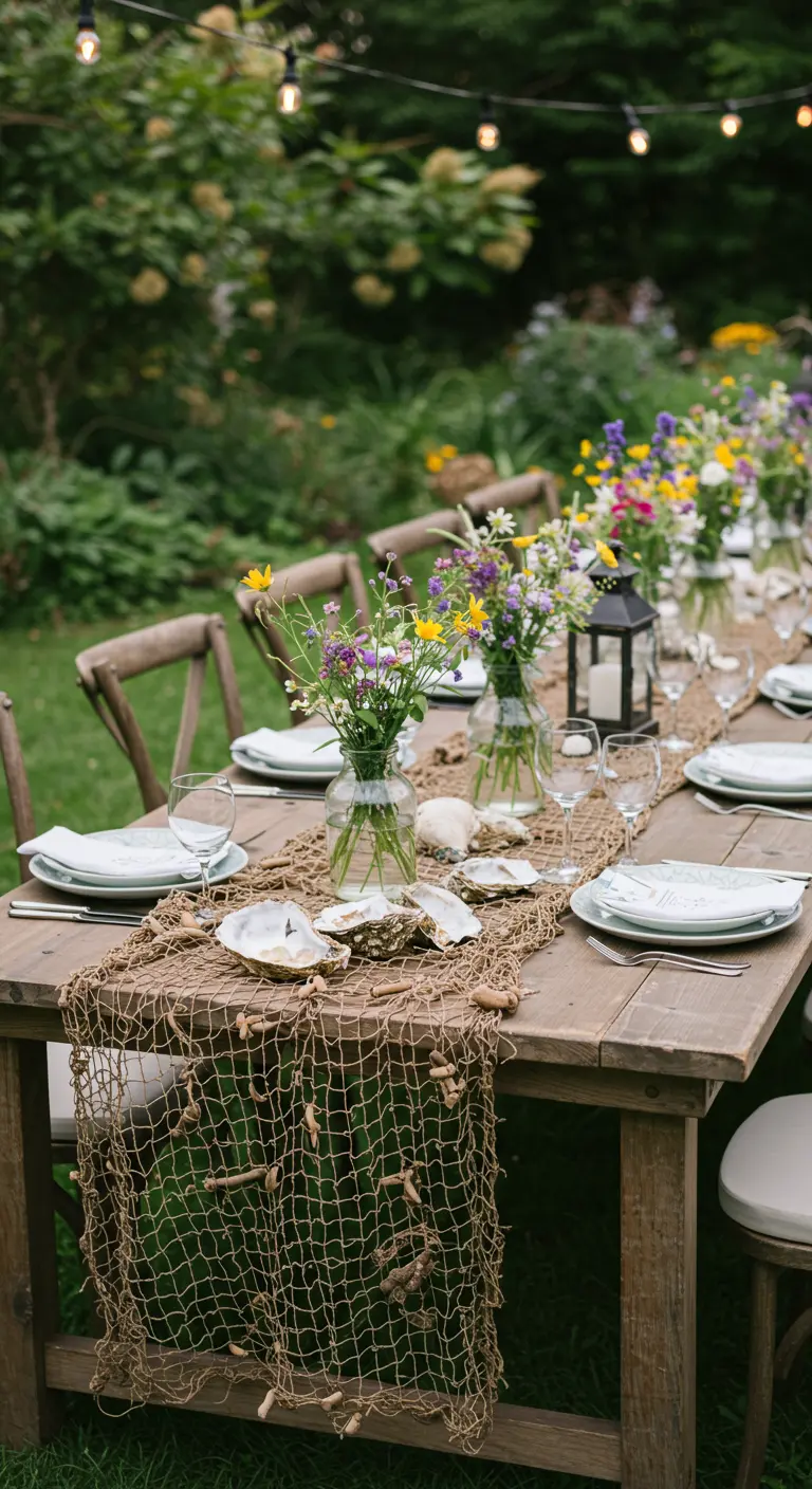Table de jardin en bois avec un chemin de table en filet et des coquilles d'huîtres.