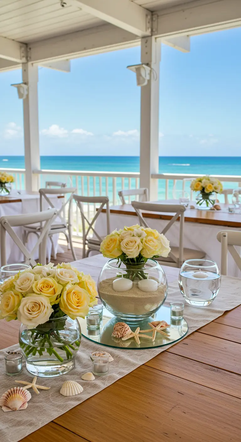 Centre de table de plage avec sable, coquillages et bouquets de roses jaunes et blanches.