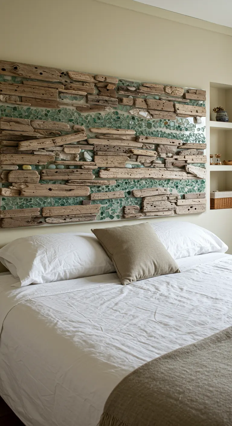 Tête de lit en bois flotté avec des incrustations de verre de mer vert entre les morceaux de bois.