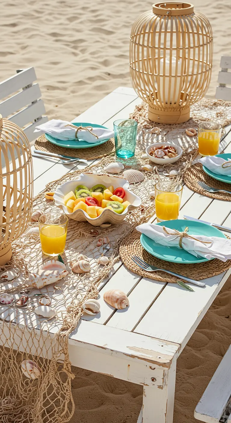 Table de plage avec un filet de pêche en guise de chemin de table et des coquillages.