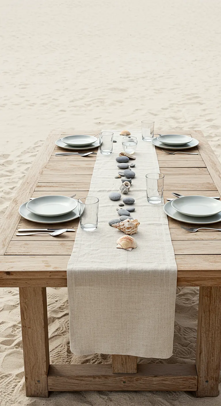 Table en bois sur la plage avec un chemin de table en lin orné de galets et de coquillages.