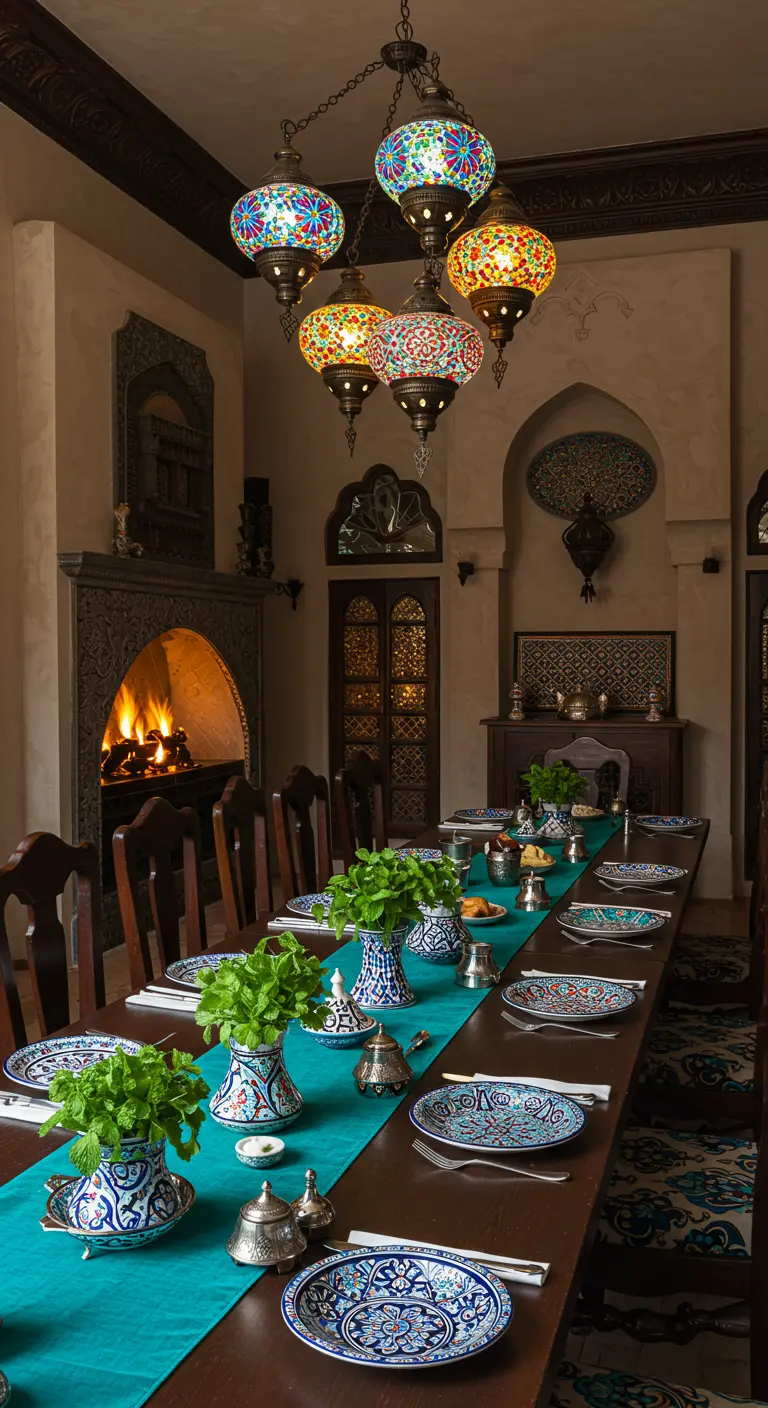 Longue table de dîner avec un chemin de table turquoise et des lampes marocaines.