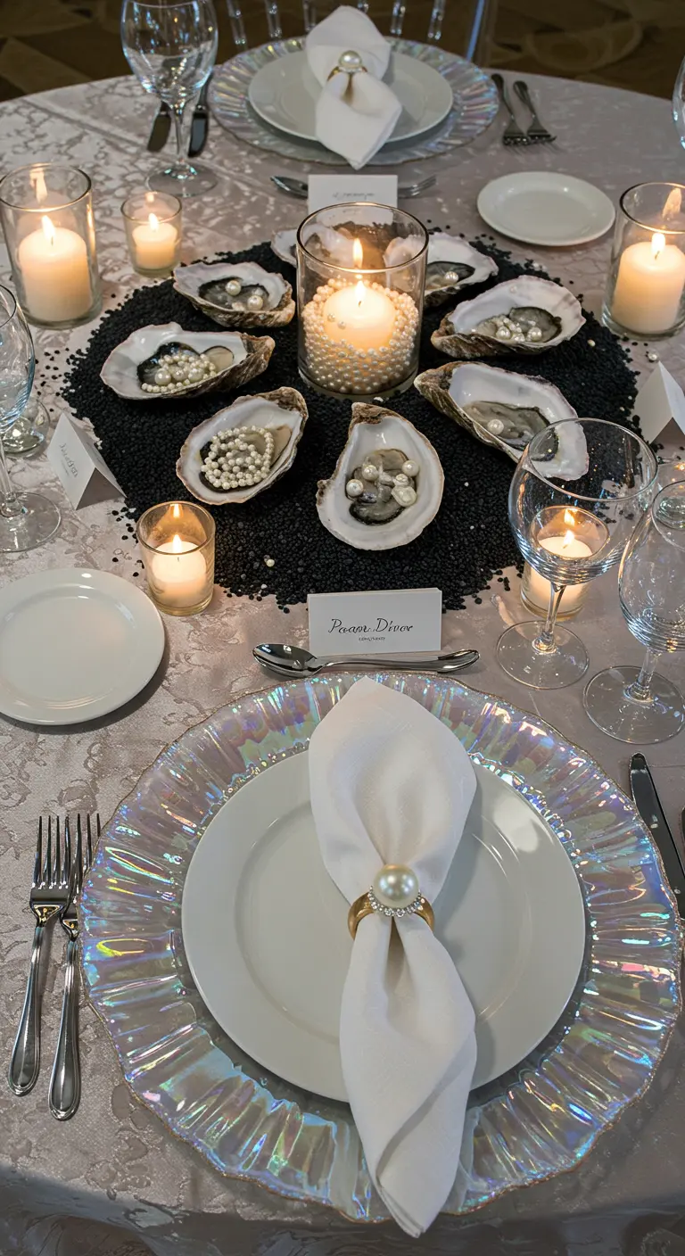 Centre de table avec des coquilles d'huîtres remplies de perles sur du sable noir et des bougies.
