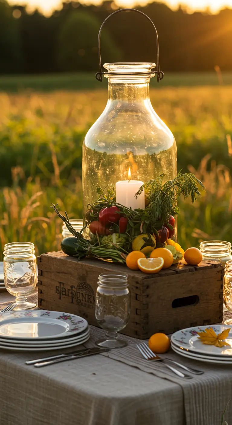 Grande lanterne-bocal sur une caisse en bois, entourée de légumes frais du jardin.