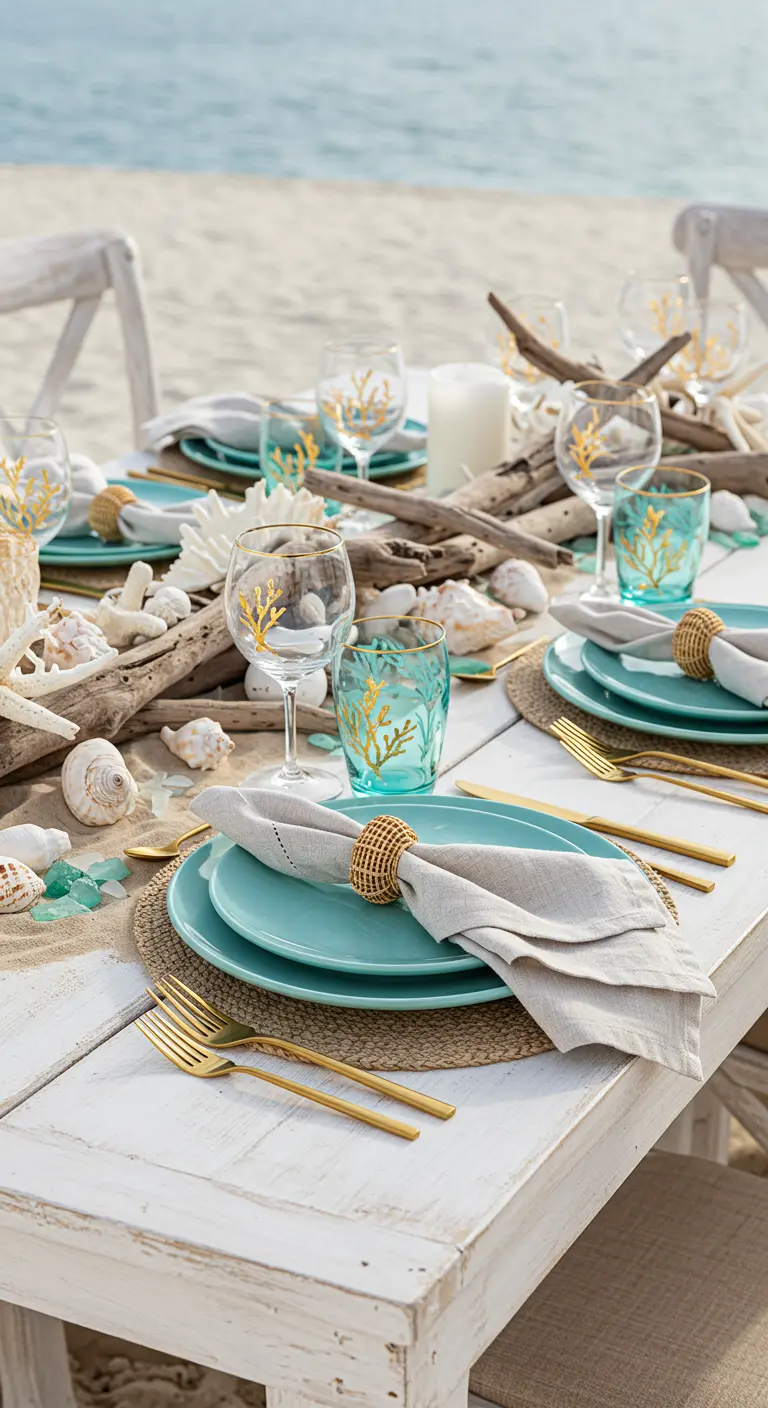 Table sur la plage avec assiettes turquoise, couverts dorés, coquillages et bois flotté.