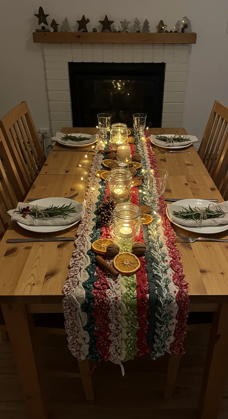 Chemin de table tressé et coloré fait de chutes de tissu, décoré d'oranges séchées et de bougies.