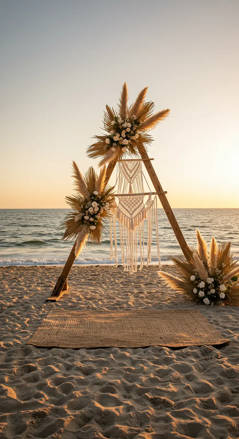 Arche de mariage triangulaire bohème avec macramé sur la plage au coucher du soleil.