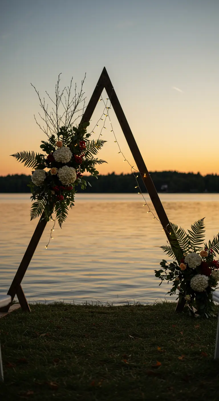 Arche de mariage triangulaire en bois au bord d'un lac au coucher du soleil.