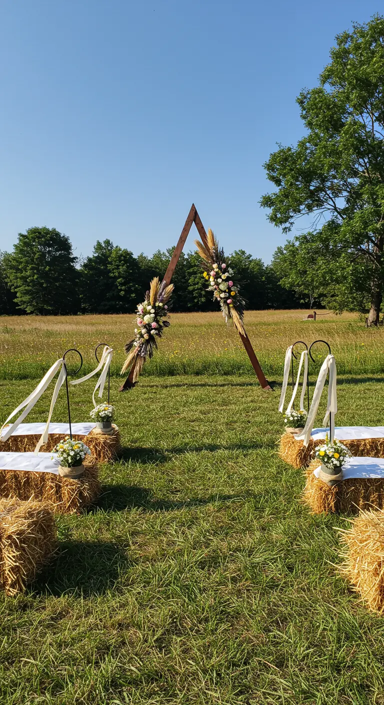 Arche de mariage triangulaire en bois dans un champ avec des bottes de foin.