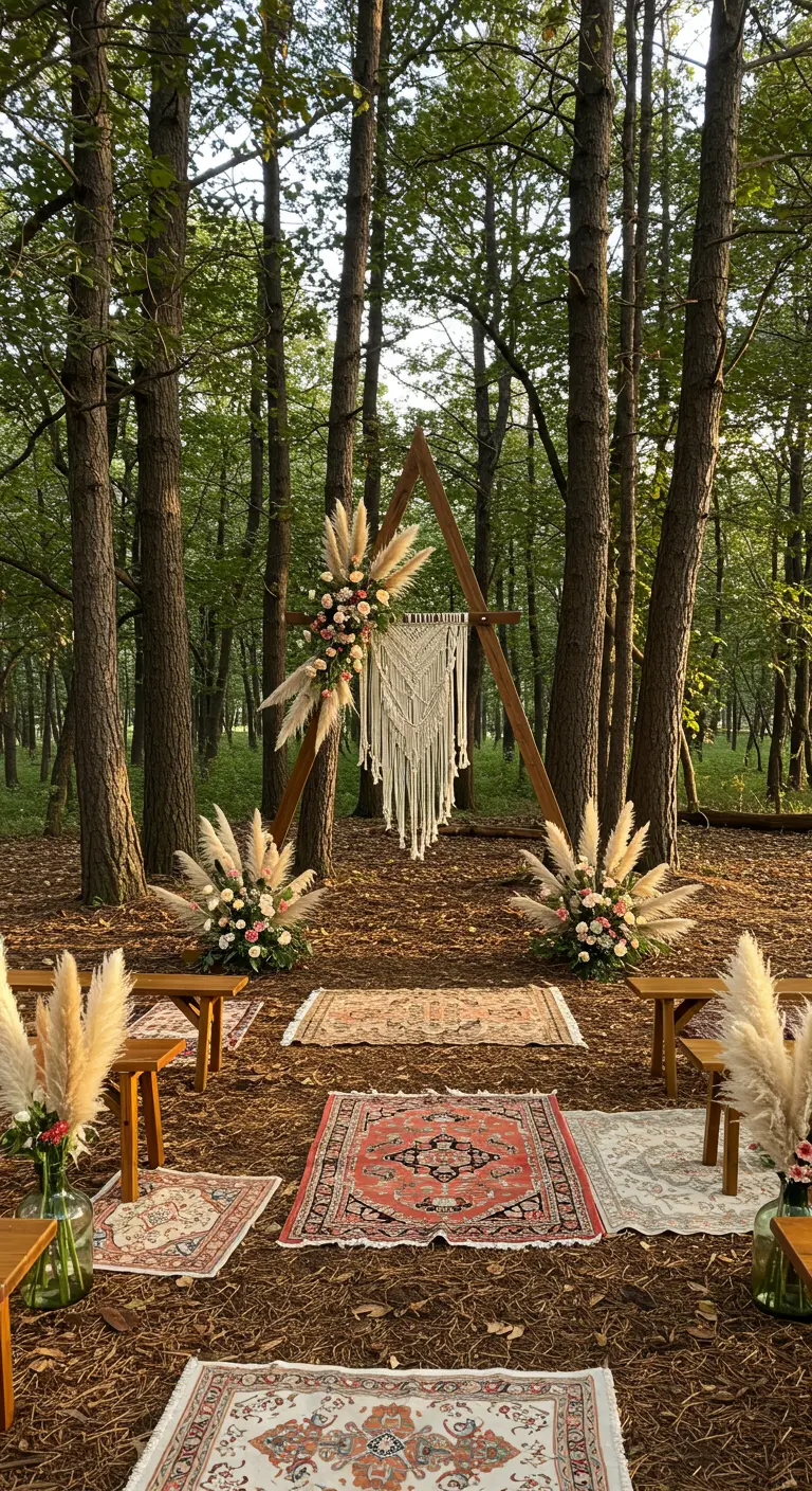 Arche de mariage triangulaire en bois avec macramé dans une forêt.