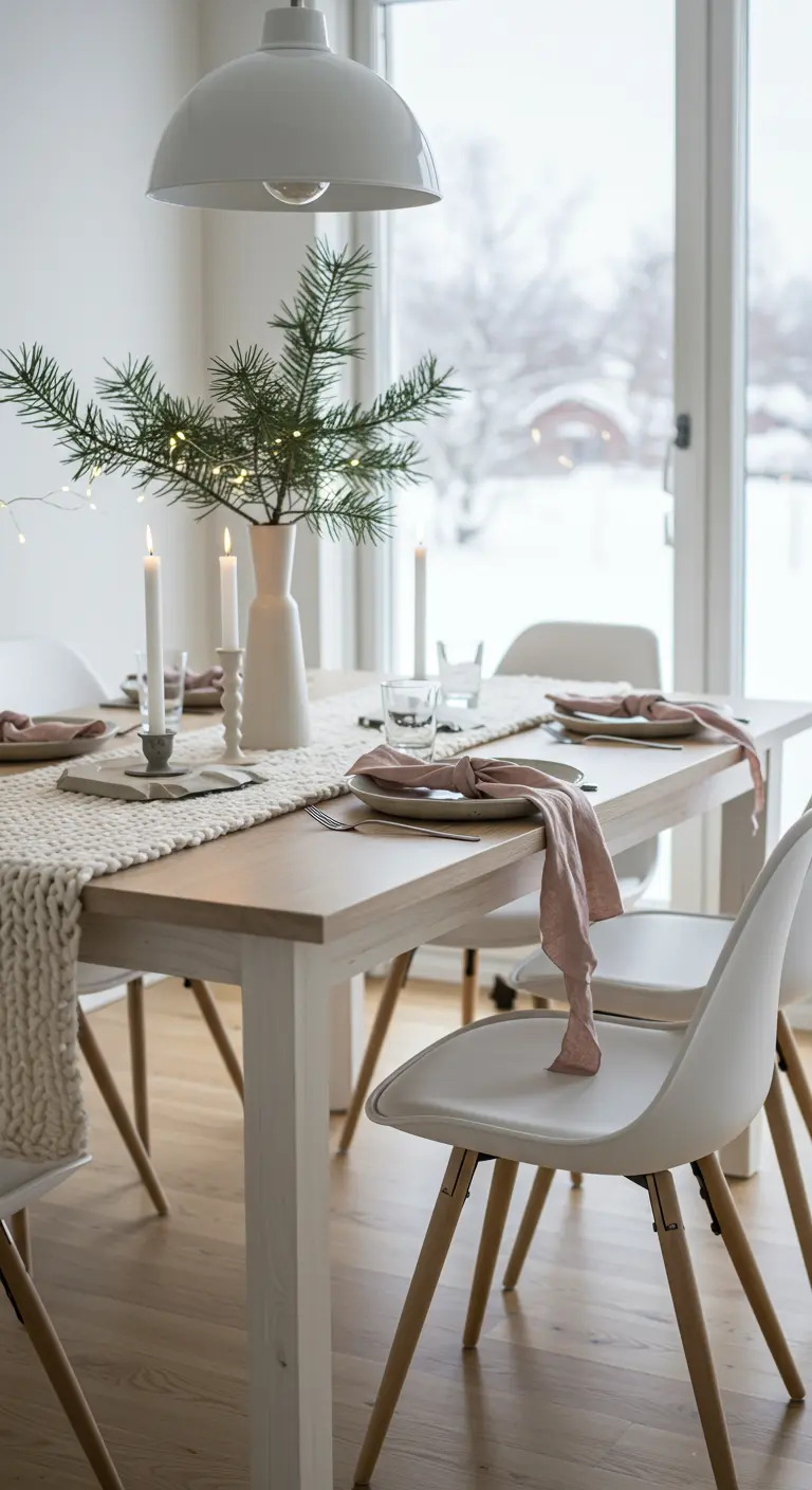 Table de Noël scandinave avec chemin de table en grosse maille et branches de pin.