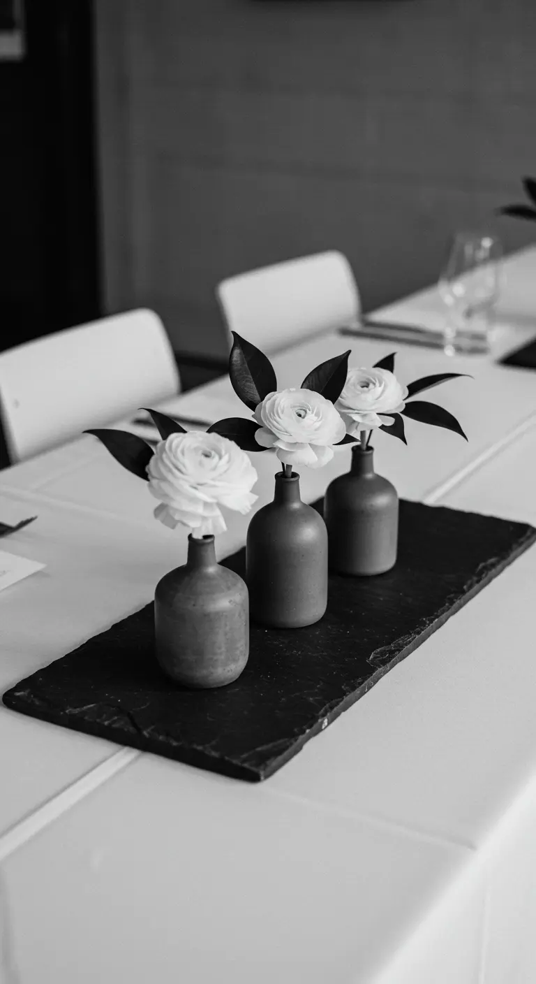Trois petits vases gris avec des fleurs blanches, posés sur une plaque d'ardoise.