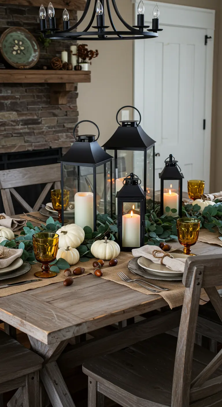 Lanternes noires, citrouilles blanches et eucalyptus sur une table en bois rustique.