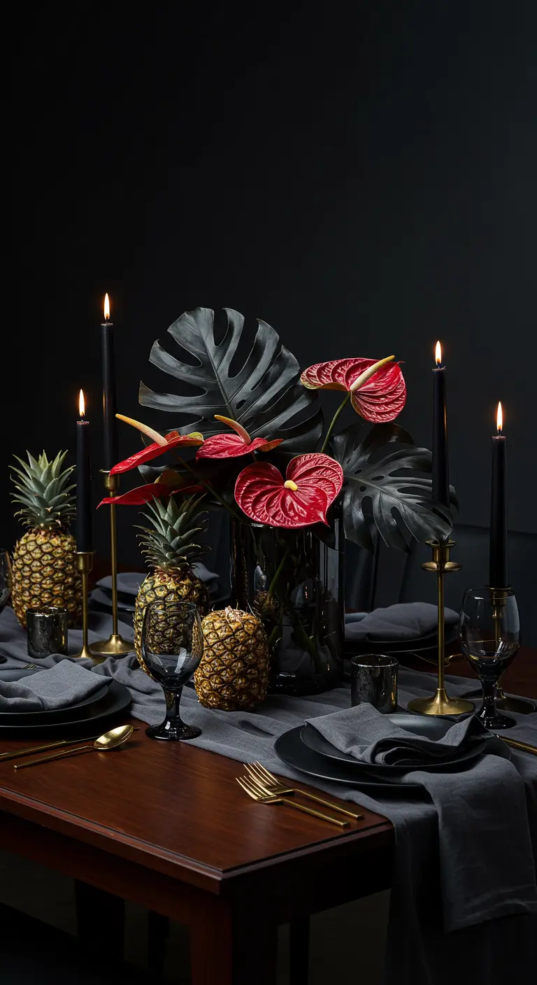 Ambiance sombre avec ananas, anthuriums rouges et bougies noires.