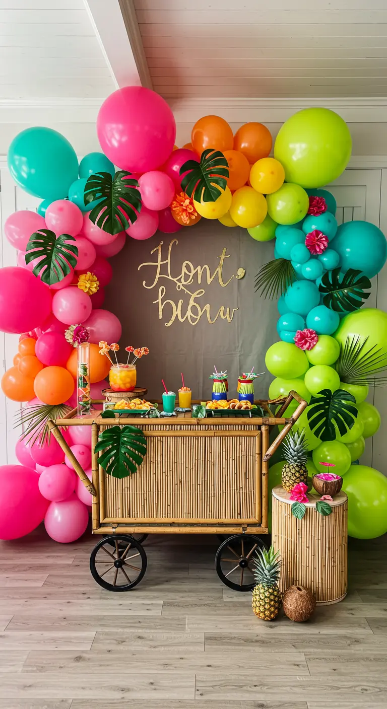 Arche de ballons tropicaux vifs avec feuilles de palmier et bar en bambou.