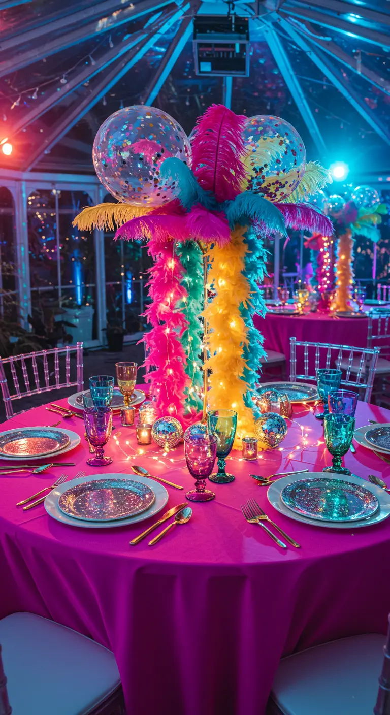 Table de fête colorée avec nappe fuchsia, centres de table à plumes et ballons lumineux.